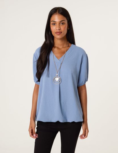 Necklace V Neck Bubble Hem Top - S/M / BLUE