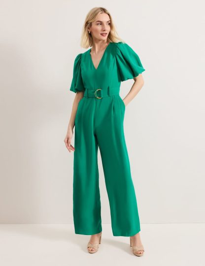 Phase Eight female Belted Short Sleeve Wide Leg Jumpsuit - 14REG - Green, Green