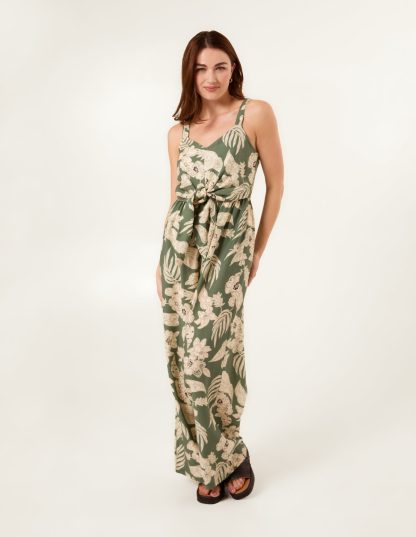 Tropical Print Tie Front Jumpsuit - XL / LIGHT KHAKI