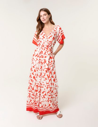 Tropical Print Wrap Belted Waist Jumpsuit - M / ORANGE