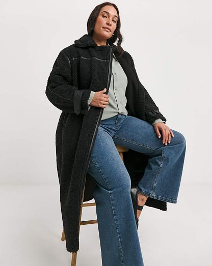 Black Longline PU Trim Teddy Coat Black - JD Williams - Size: 26