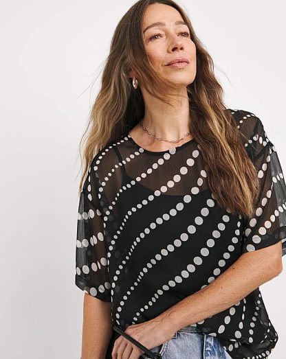 Chiffon Printed Boxy Top Black Spotted - JD Williams - Size: 10
