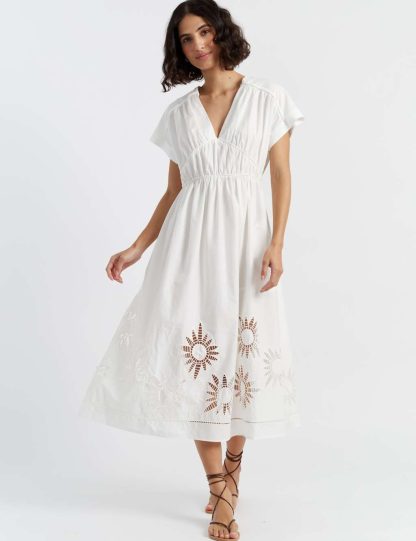 Chinti & Parker Women's Pure Cotton Broderie Midi Waisted Dress - 10 - Cream, Cream