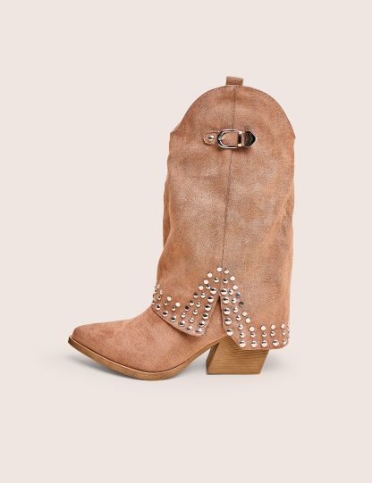 Dalton Tan Fold Over Suede Studded Western Ankle Boots
