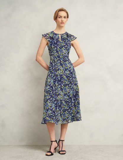 Hobbs Women's Floral Cut Out Detail Midi Skater Dress - 10REG - Blue Mix, Blue Mix