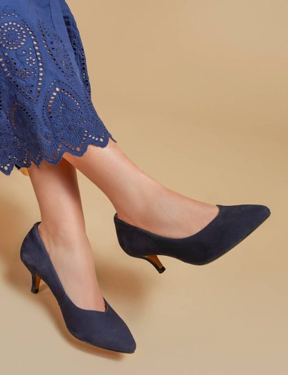 Jones Bootmaker Women's Suede Kitten Heel Pointed Court Shoes - 5 - Navy, Navy,Red