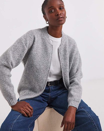 Knitted Ribbed Bomber Jacket Grey Marl - Simply Be - Size: 8/10