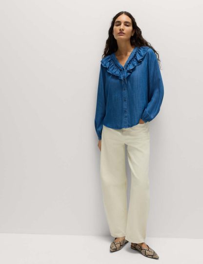M&S Collection Women's Pure Cotton V-Neck Ruffle Blouse - 14 - Denim, Denim