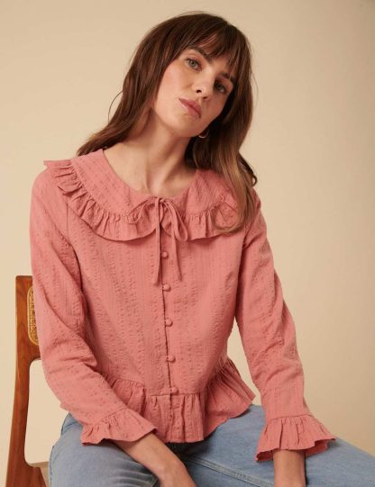 Nobody's Child Women's Pure Cotton V-Neck Relaxed Ruffle Blouse - 12 - Pink, Pink