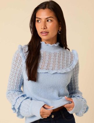 Nobody's Child Women's Ruffle Pointelle Jumper with Wool and Alpaca - S - Blue, Blue