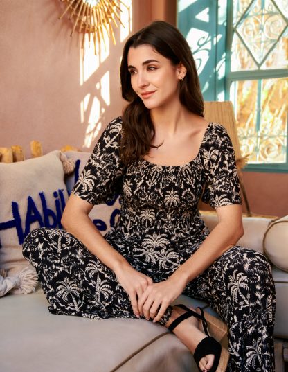 Palm Tree Print Square Neck Shirred Jumpsuit - L/XL / BLACK