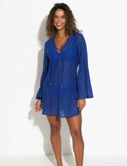 Pour Moi Women's Broderie V-Neck Mini Beach Dress with Cotton - 14 - Bright Blue, Black,Bright Blue