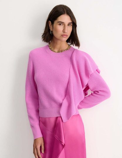 Sportscraft Women's Wool Rich Ribbed Ruffle Detail Jumper - Pink, Pink