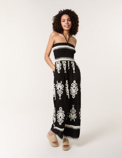 Strapless Shirred Waist Jumpsuit - S/M / BLACK