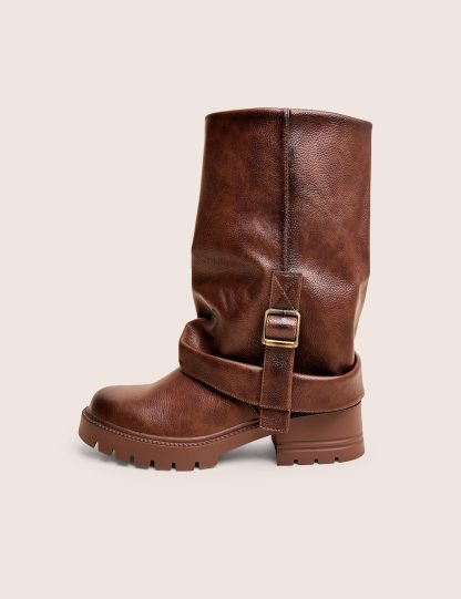 Terry Chocolate Brown Fold Over Buckle Detail Ankle Boots