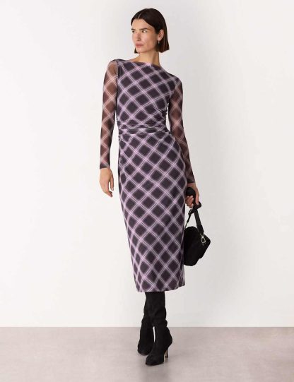 Whistles Women's Checked Mesh Bodycon Dress - 14REG - Burgundy Mix, Burgundy Mix